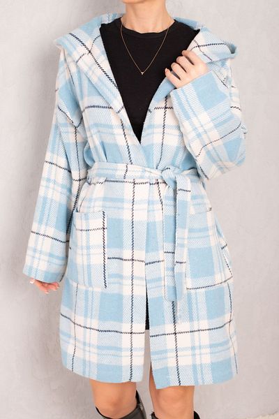 armonika Dámský kašmírový kabát baby blue s páskem v pase s kapucí oversize ARM-24K001054