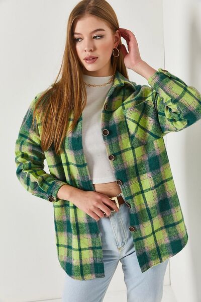armonika Kadın Fıstık Yeşili Ekose Desen Oversize Cepli Gömlek ARM-22Y001199