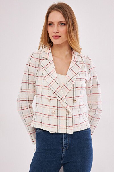 armonika Women's Burgundy-White Double Breasted Collar Tweed Crop Jacket ARM-24K001014