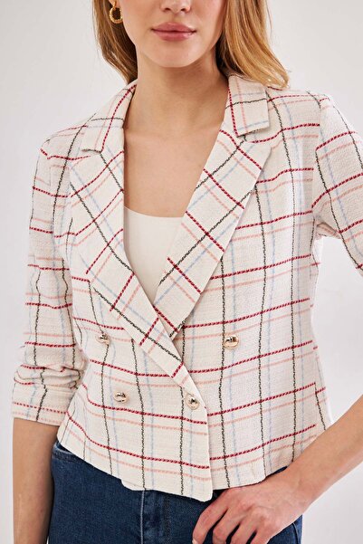 armonika Women's Burgundy-White Double Breasted Collar Tweed Crop Jacket ARM-24K001014