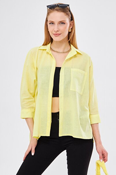 armonika Gelbes lässiges Leinenhemd mit Tasche für Damen ARM-21Y001035