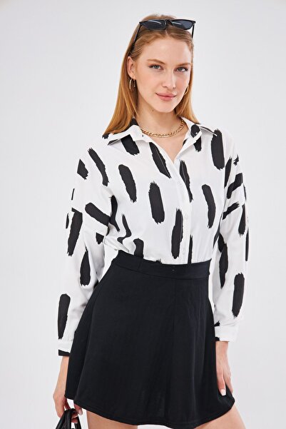 armonika Γυναικείο μαύρο μοτίβο βούρτσας Oversize Μακρύ βασικό πουκάμισο ARM-...