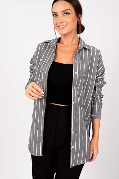 armonika Kadın Füme Ince Çizgili Oversize Uzun Basic Gömlek Arm-22Y001158