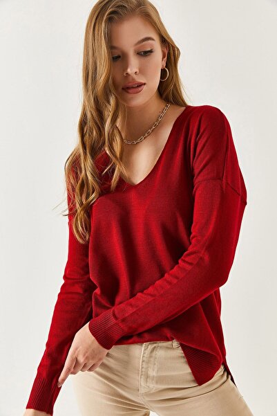 armonika Women's Burgundy V-Neck Front Short Rear Long Knitwear Sweater Arm-22Y012013