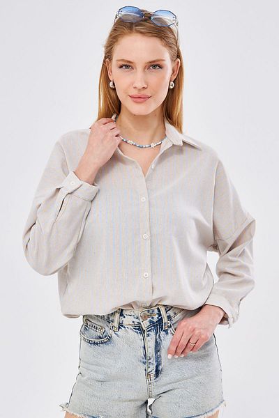 armonika Dámská světle modrá pruhovaná oversize dlouhá základní košile ARM-24K001061