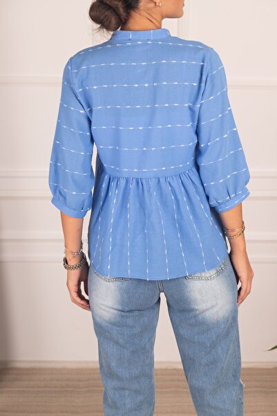 armonika Cămașă albastră cu șnur cu mânecă sfert pentru femei ARM-24K001003