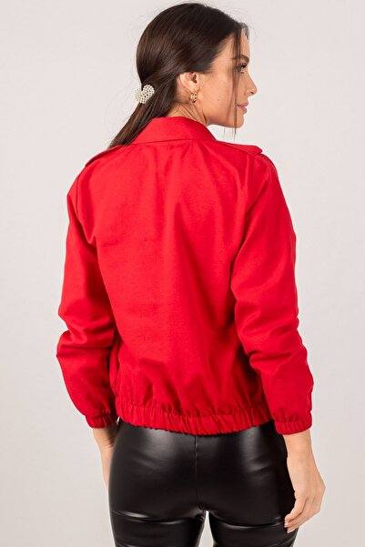 armonika Women's Red Front Zippered Gabardine Coat ARM-22K001068