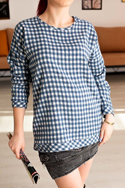 armonika Hanorac supradimensionat pentru femei, cu model în carouri indigo, c...