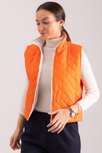 armonika Women's Orange Stamp Lined Zippered Quilted Vest with Pockets ARM-24K001063