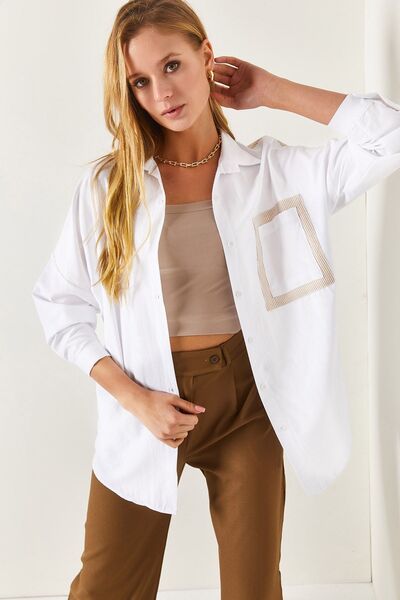 armonika Women's Beige Pocket and Back Stripe Pattern Oversize Long Basic Shirt Arm-22y001197