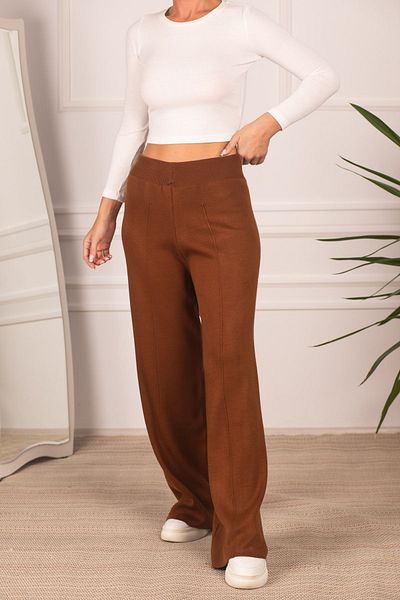 armonika Women's Brown Front Stitched Spanish Wide Leg Knitwear Trousers ARM-24K012008