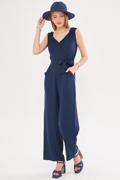 armonika Navy Blue Double Breasted Collar and Shoulder Detailed V Belted Long Women's Jumpsuit - ARM-24Y001049