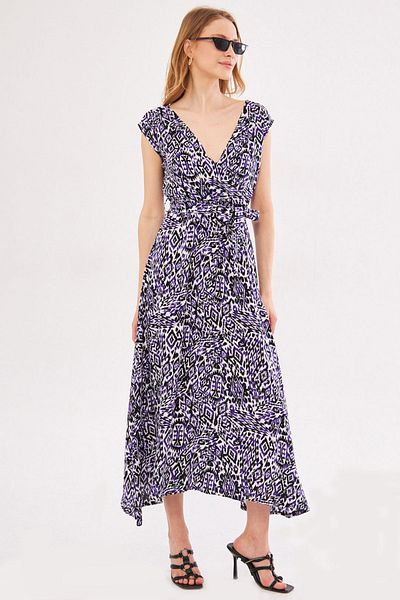 armonika Lilafarbenes Efta-Kleid für Damen, Kragen vorne und hinten, zweireihig, mit Gürtel, gemustert, Midilänge, ARM-24Y001027