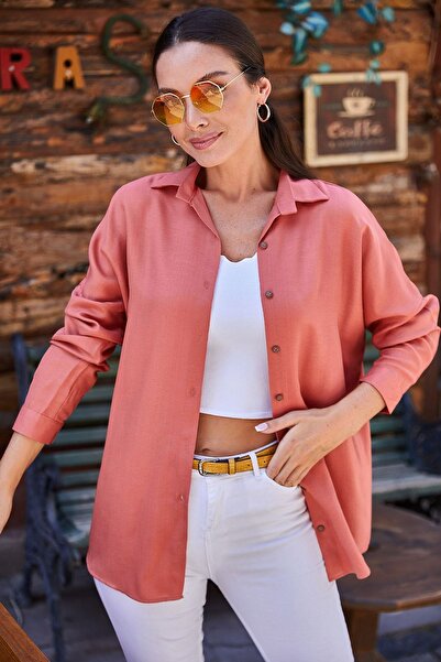 armonika قميص سالمون نسائي طويل أساسي مقاس كبير