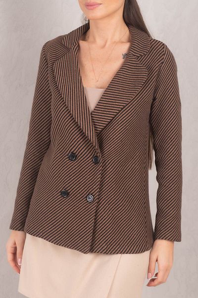 armonika Women's Light Brown Stripe Patterned Four-Button Stash Jacket ARM-24K001037