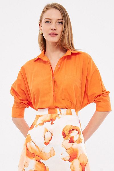 armonika Damen-Hemd aus lockerem Leinen in Orange mit Taschen ARM-21Y001035