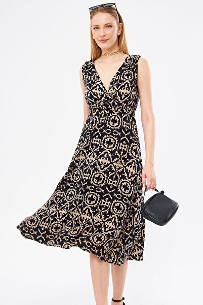 armonika Women's Black Patterned Waist and Shoulder Elastic Double Breasted Collar Midi Skirt Dress Arm-24y001052