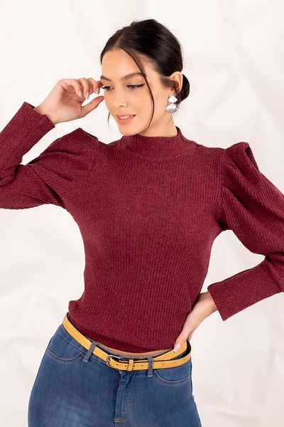 armonika Pulover de damă, burgundă, cu mâneci pepene verde ARM-20K001103
