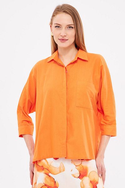 armonika Damen-Hemd aus lockerem Leinen in Orange mit Taschen ARM-21Y001035