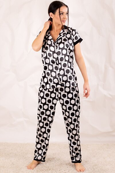 armonika Women's Black Large Polka Dot Collar Satin Pajama Set ARM-20Y001015