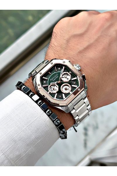 Ferrucci men's Silver Color Square Function Steel Cord Wrist Watch and Gift Bracelet