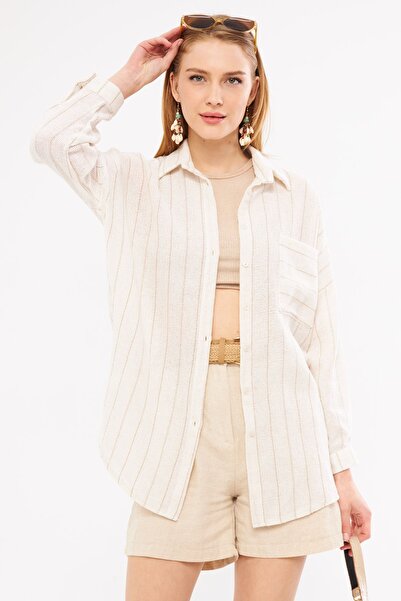 armonika Bézs színű női oversize ing - hosszú ujjú, zsebrészlet, ráncos hát, csíkos ARM-24Y001053