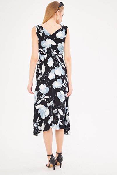 armonika Black-Grey Patterned Double Breasted Collar Midi Dress - Waist and Shoulder Elastic ARM-24Y001052