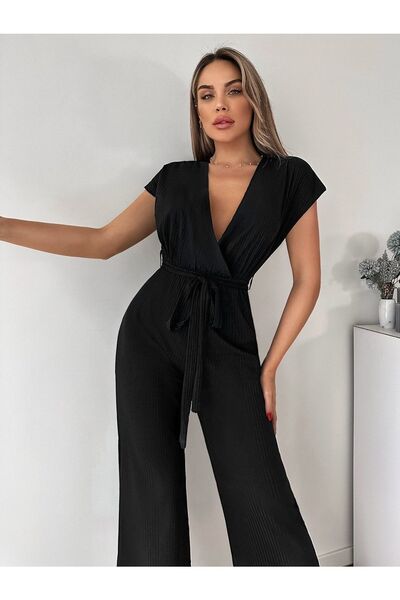 armonika Women's Black Double Breasted Jumpsuit with Belt Waist ARM-20Y042008
