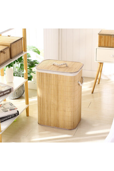 Akkoyunlu home Πτυσσόμενο ορθογώνιο καλάθι βρώμικων ρούχων από μπαμπού 60 λίτρων