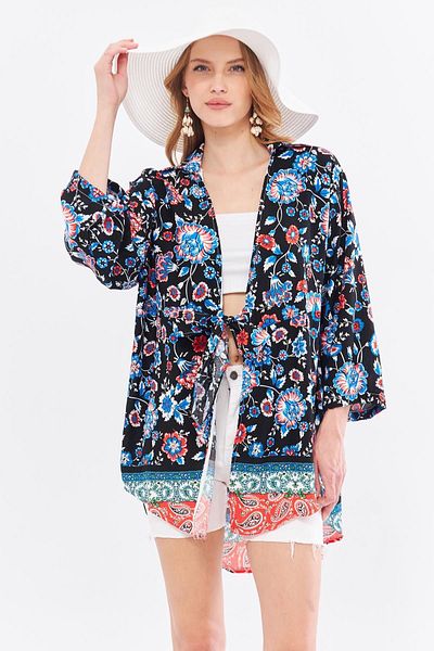 armonika Cămașă kimono pentru femei cu model albastru deschis - cravată în față ARM-24Y001080