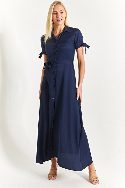 armonika Női sötétkék ujjú megkötött derék öves ing ruha kar-23y001004