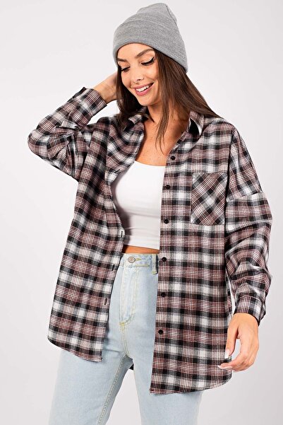 armonika Cămașă oversize pentru femei, roz pudrat cu model carouri-22Y001157