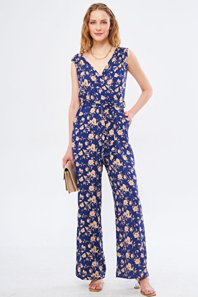 armonika Women's Saks Ikosienna Jumpsuit Double Breasted Collar Shoulder Rubber Detailed Back V Belted Long ARM-24Y001049