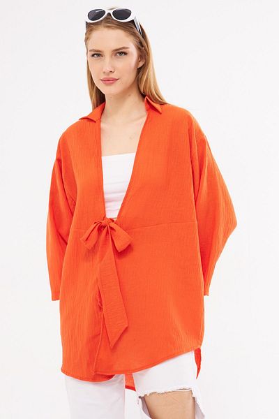 armonika Orangefarbenes Kimonohemd in Leinenoptik – Bindeband vorne, ARM-24Y001063