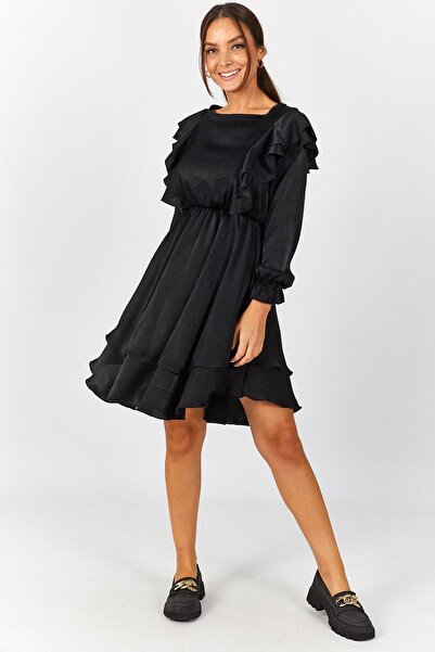 armonika Γυναικεία μαύρη φούστα με στρώσεις από σατέν φόρεμα ARM-22Y001169