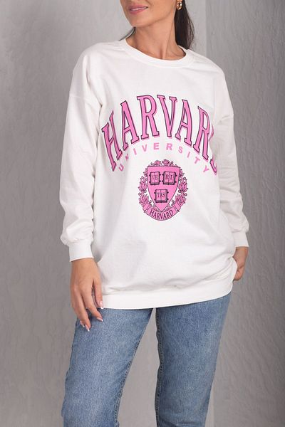 armonika Women's White Front Printed Round Neck Oversize Long Sleeve Sweatshirt ARM-24K024005
