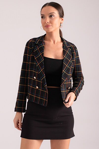 armonika Ženska jakna Kobalt plava Kruvaze izrez od tvida Skraćeni kroj