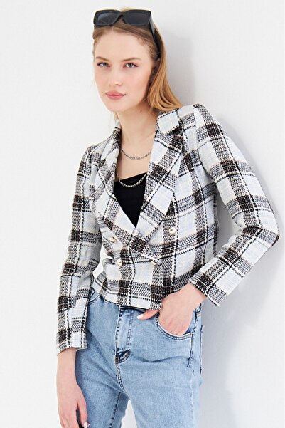 armonika Női világoskék duplasoros galléros Tweed Crop kabát ARM-24K001014