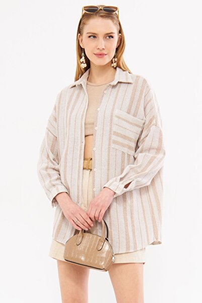 armonika Mink színű női oversize ing - hosszú ujjú, zsebrészlet, redőzött hátú csíkos ARM-24Y001053