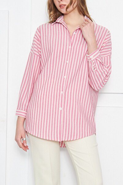 armonika Ženska ružičasta prugasta široka osnovna košulja ARM-24K001061