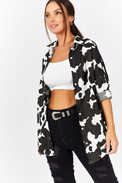 armonika Kadın Siyah Desenli Oversize Uzun Basic Gömlek Arm-22Y001149