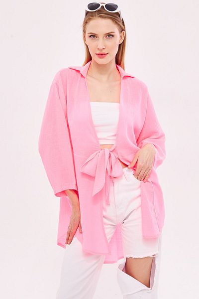 armonika Cămașă kimono cu aspect de in roz neon - cravată în față, ARM-24Y001063