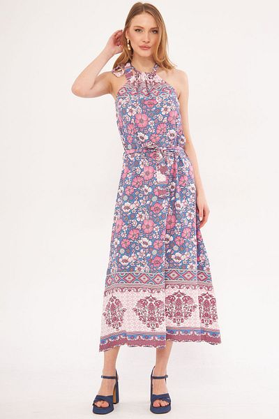 armonika Rosa Ikositessera Kleid für Damen, Neckholder, Taillengürtel, lang, ARM-24Y001047