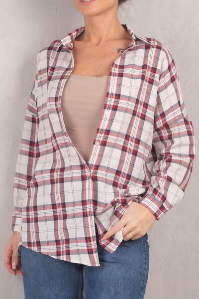 armonika Women's Burgundy Square Pattern Oversize Long Basic Shirt ARM-22Y001144