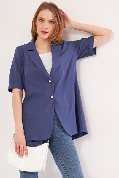 armonika سترة نسائية كبيرة الحجم بأكمام قصيرة وزرين باللون الأزرق الداكن ARM-...