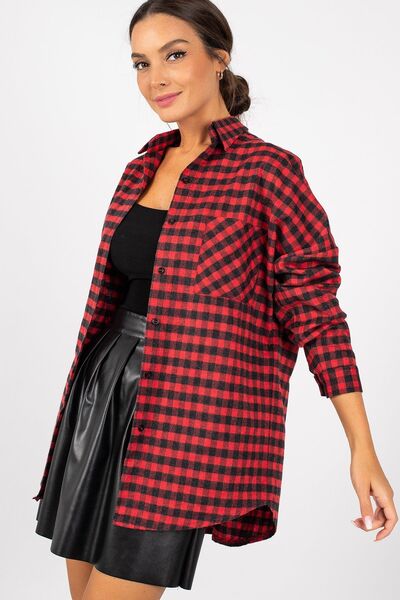 armonika Women's Burgundy Plaid Pattern Oversize Shirt Arm-22Y001157
