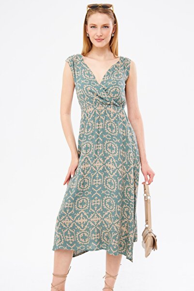 armonika Γυναικείο φόρεμα μίντι φούστα με πράσινη μέση ελαστική ώμου με διπλό γιακά μπράτσο-24y001052