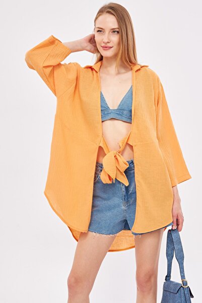 armonika Kadın Yavruağzı Keten Görünümlü Önden Bağlamalı Kimono Gömlek ARM-24...