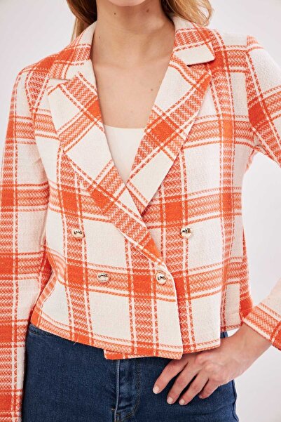 armonika Women's Orange-White Double Breasted Collar Tweed Crop Jacket ARM-24K001014