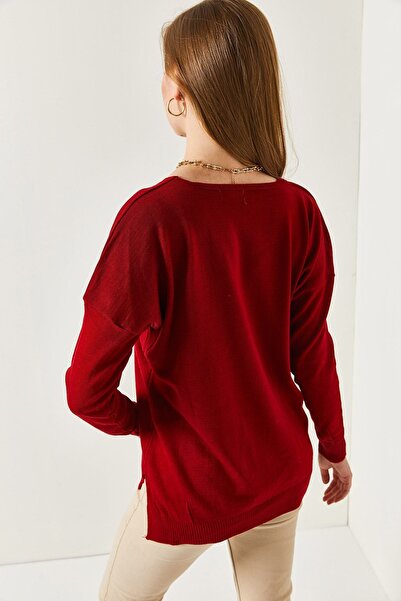 armonika Women's Burgundy V-Neck Front Short Rear Long Knitwear Sweater Arm-22Y012013